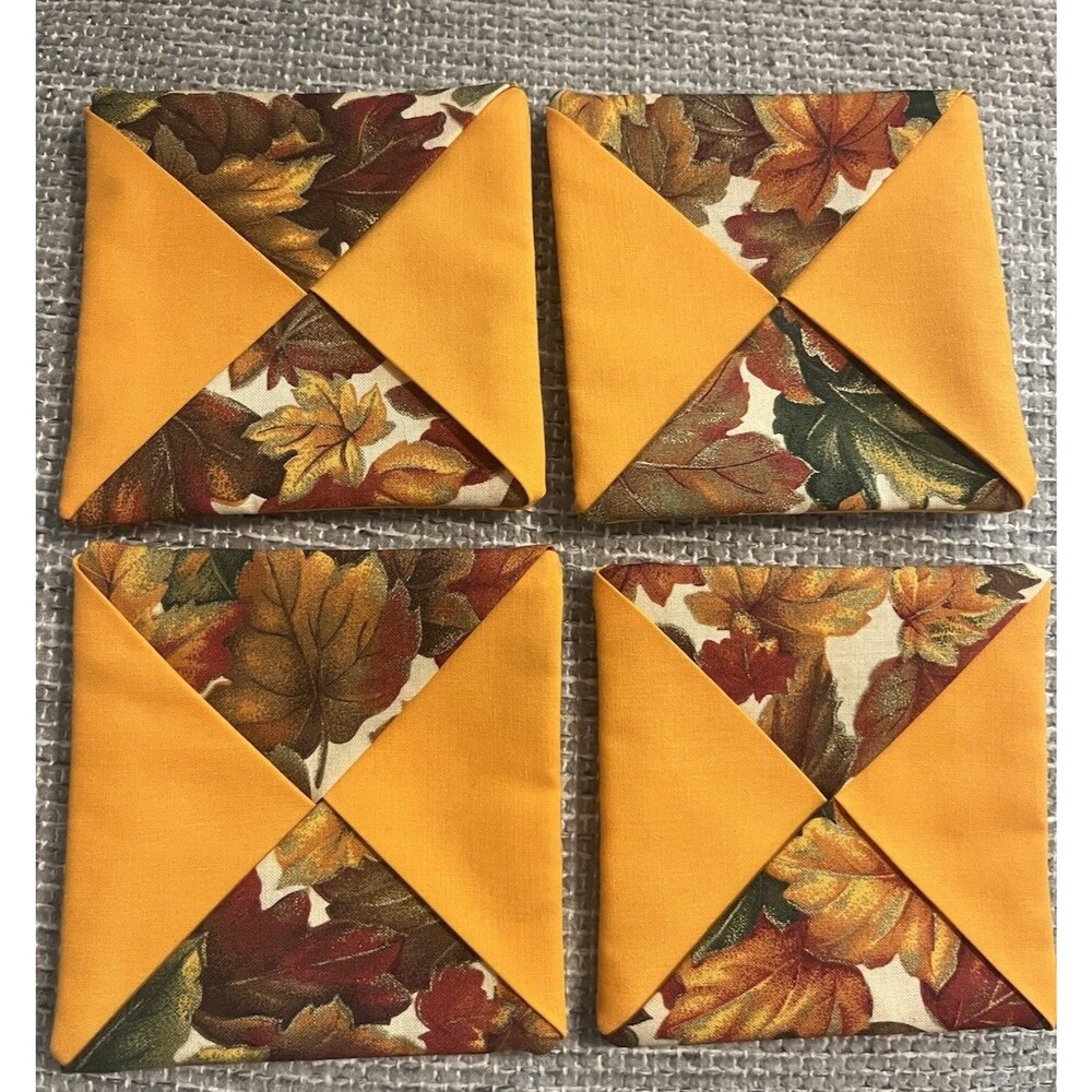 Quilted Fall Leaf Pattern Fabric Placemats Set of 4 Orange Rectangular